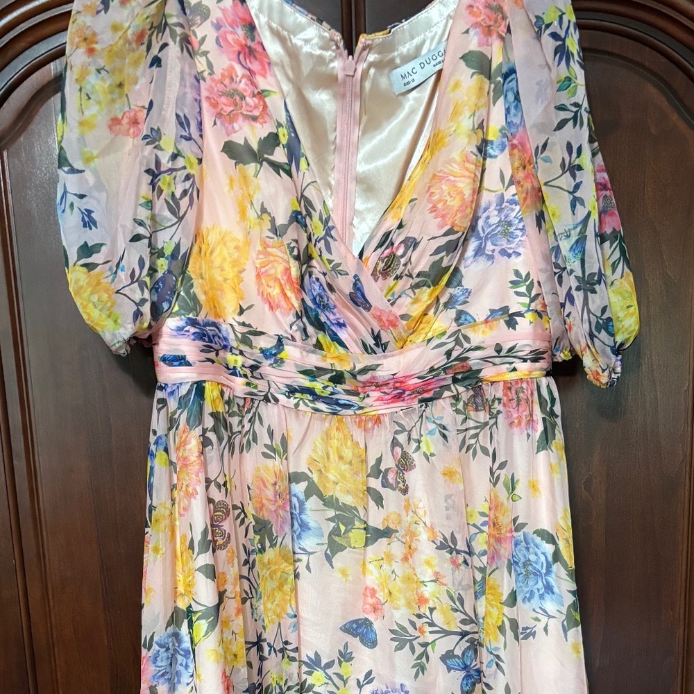 Mac Duggal Yellow FLORAL  CHIFFON PUFF SLEEVE TIERED HEM DRESS, Size 12, #68247